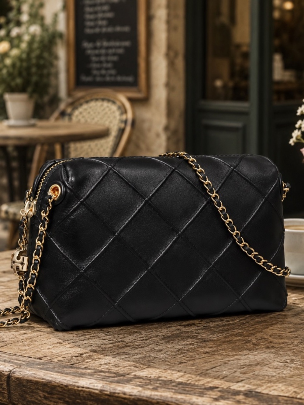 NEW Tory Burch Fleming Soft Black Quilted Leather Crossbody Bag